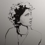 Pen and ink drawing of a man looking up