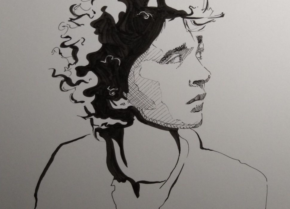 Pen and ink drawing of a man looking up
