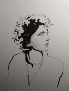 Pen and ink drawing of a man looking up